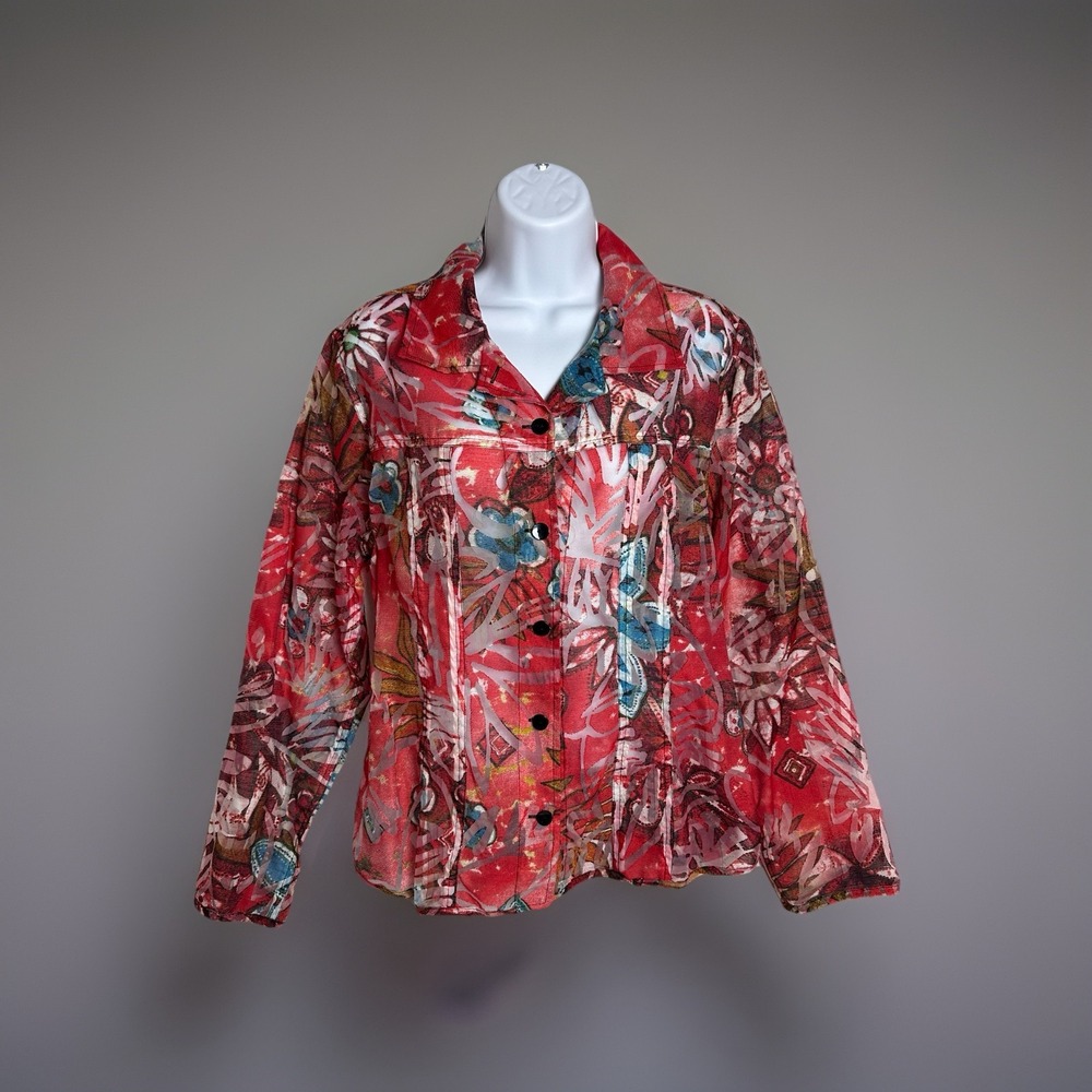 Chicos Semi Sheer Open Front Button Top Womens Size 2 Abstract Floral Art